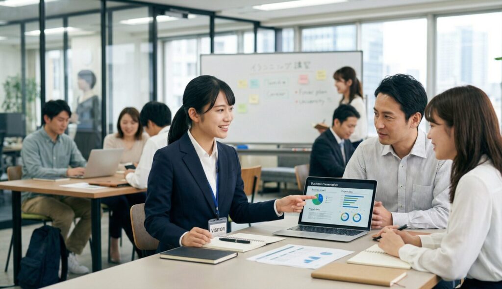 27卒・28卒の夏期インターンシップ選考のイメージ。オフィスで社員と打ち合わせを行うリクルートスーツ姿の女子大学生