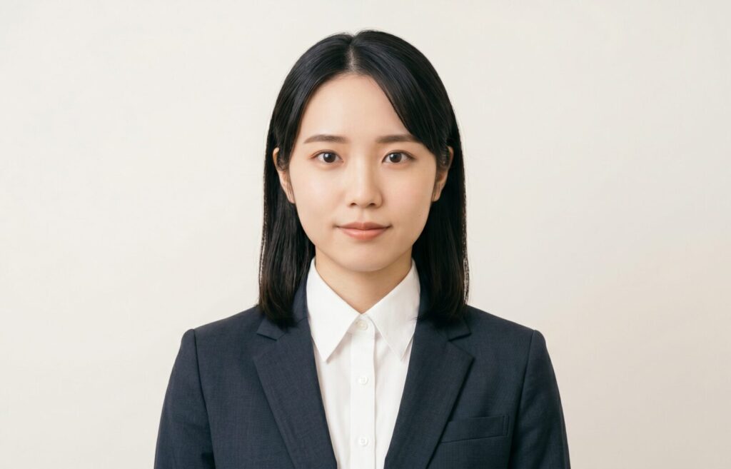 白い背景の前で、清潔感のあるナチュラルメイクと前髪を分けた髪型、ネイビーのスーツに白い襟付きシャツを着用した、正面を向く新卒女子就活生の証明写真風ポートレート。