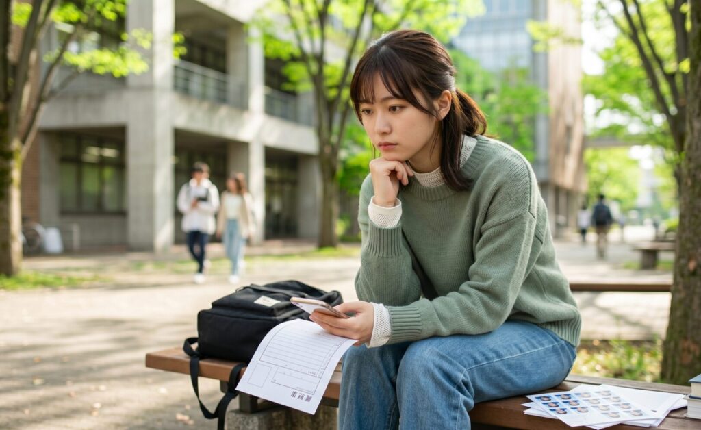 キャンパスのベンチで、アルバイトの履歴書と証明写真を手に持ちながら撮影方法に悩む、私服姿の女子大学生。5月の新緑の背景。