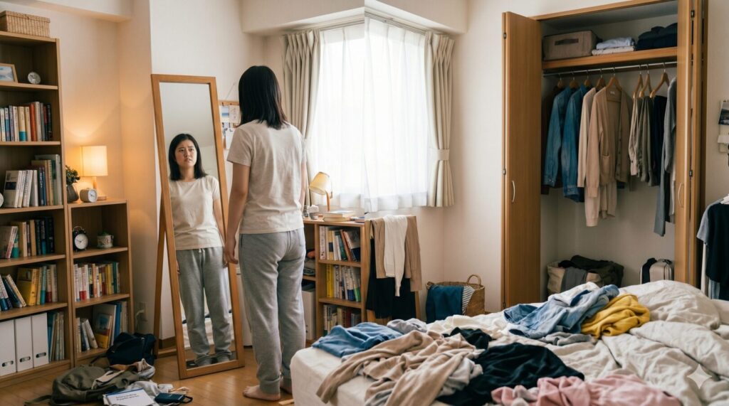 インターンシップの証明写真にリクルートスーツが手元になく、私服だらけのクローゼットや鏡の前で服装に悩む女子大学生の様子