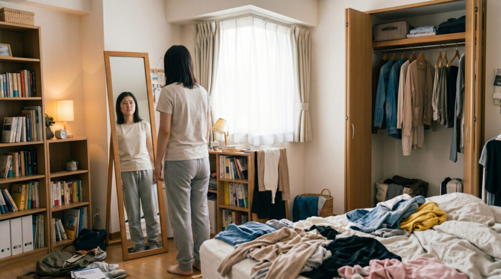 インターンシップの証明写真にリクルートスーツが手元になく、私服だらけのクローゼットや鏡の前で服装に悩む女子大学生の様子