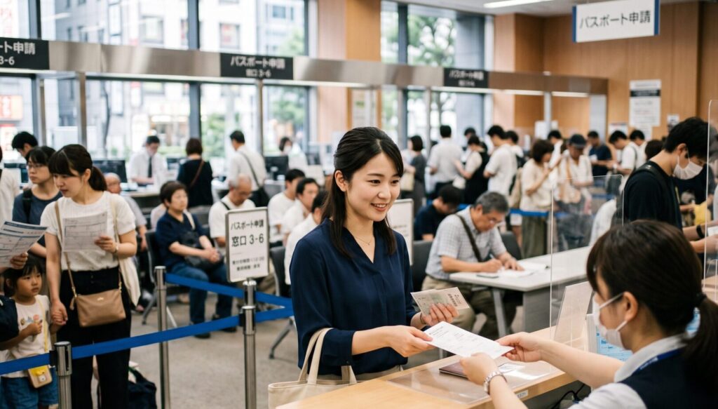 2026年7月からの手数料値下げで賑わうパスポート申請窓口で、書類を提出する笑顔の日本人女性