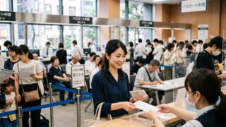 2026年7月からの手数料値下げで賑わうパスポート申請窓口で、書類を提出する笑顔の日本人女性